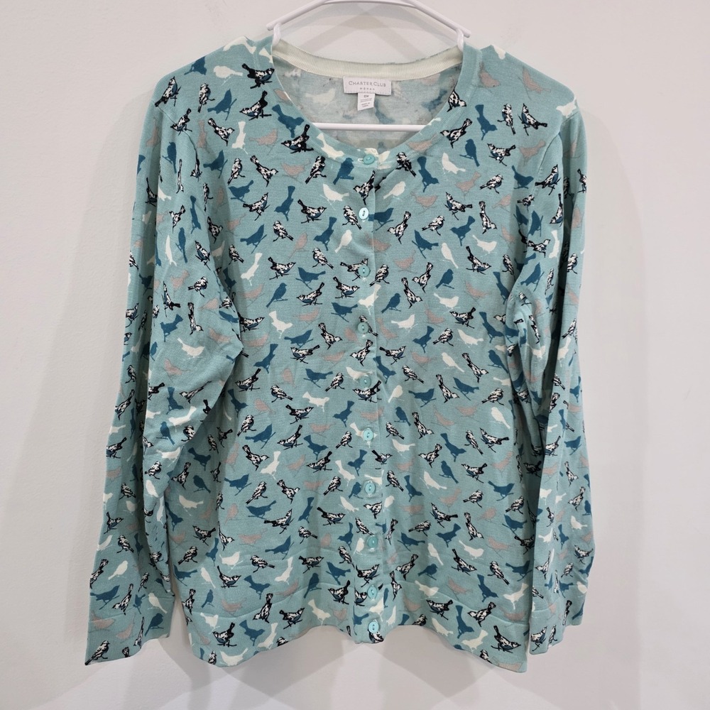 Charter Club Womens Cardigan Size 0X Birds Rhiestones Glam Novelty Parisian